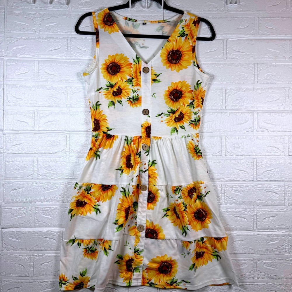 Sunflower Mini Dress Womens Small White Yellow Tiered Button Front
